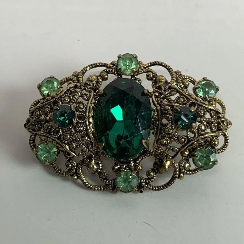 Vintage Brooch Czech Gold Tone Filigree Pin Green Stones Ornate Jewelry 1.25”